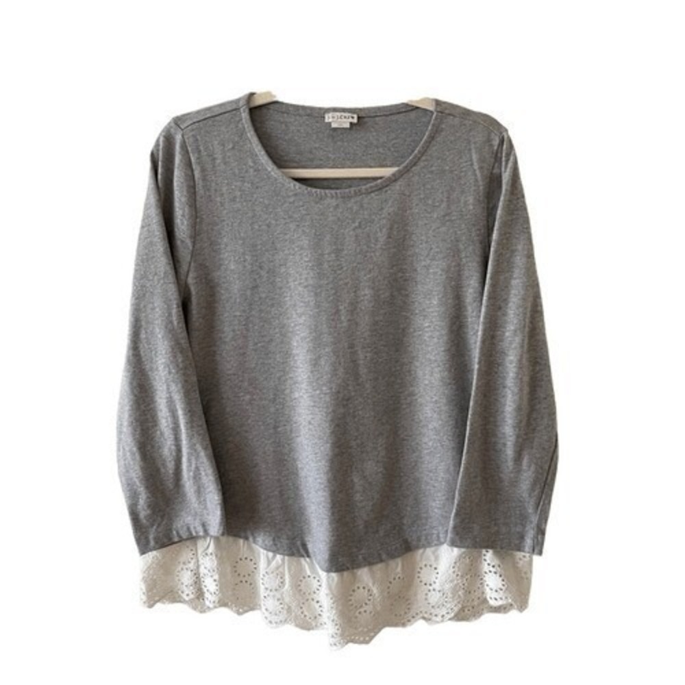 B4 J. Crew Eyelet Hem Top Medium Gray Excellent Long Sleeve Cotton Tee